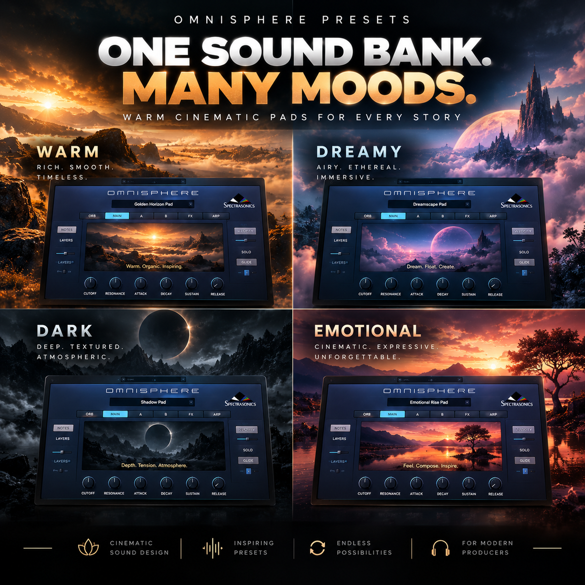 Promotional graphic for Omnisphere presets showing four cinematic scene panels labeled Warm, Dreamy, Dark, and Emotional, with four matching software interface windows and large headline text reading 'One Sound Bank. Many Moods.
