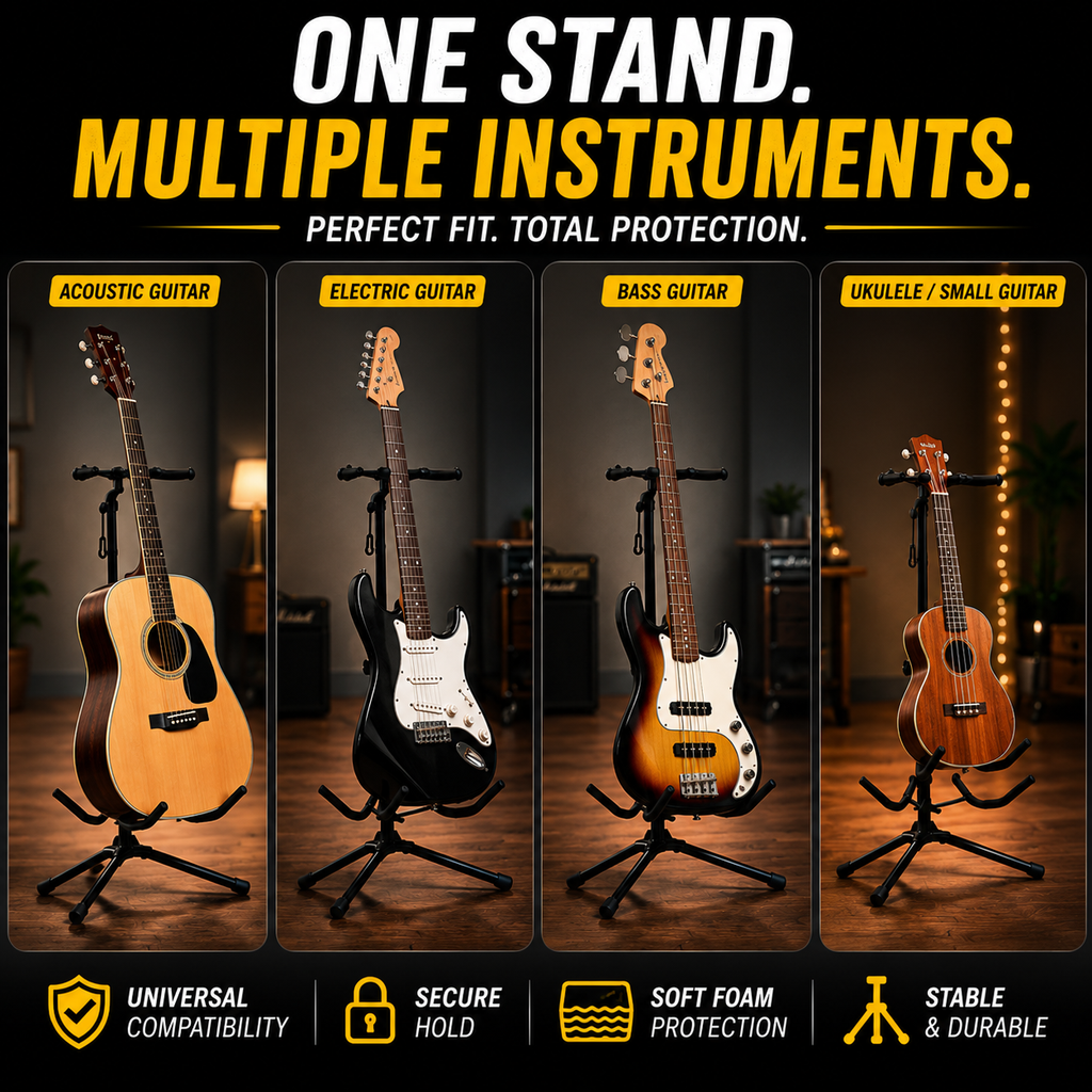 Promotional graphic for a multi-instrument guitar stand, showing four different guitars (acoustic, electric, bass, and ukulele) displayed on the stand in a dark room setting. The top text reads 'ONE STAND.