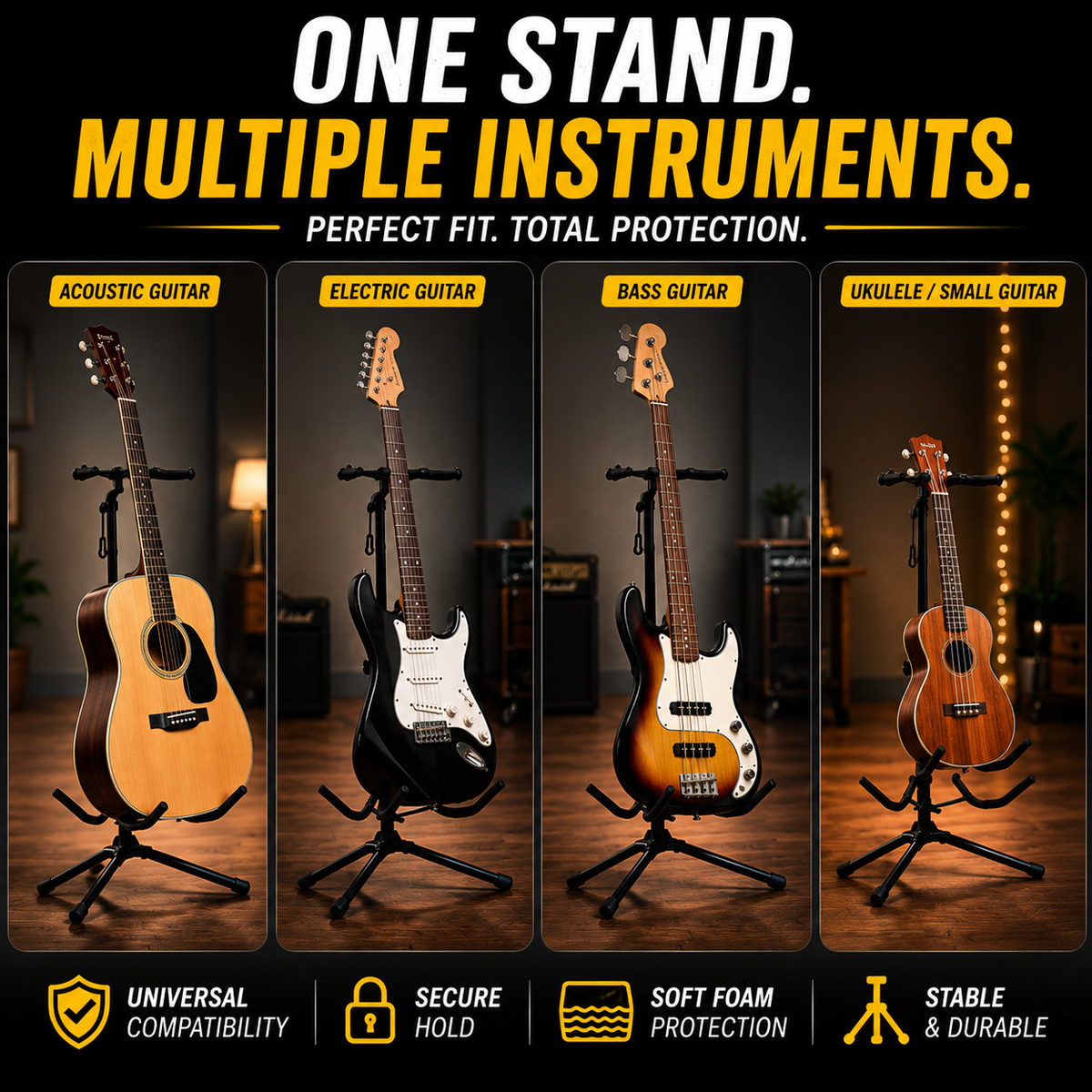 Promotional graphic for a multi-instrument guitar stand, showing four different guitars (acoustic, electric, bass, and ukulele) displayed on the stand in a dark room setting. The top text reads 'ONE STAND.