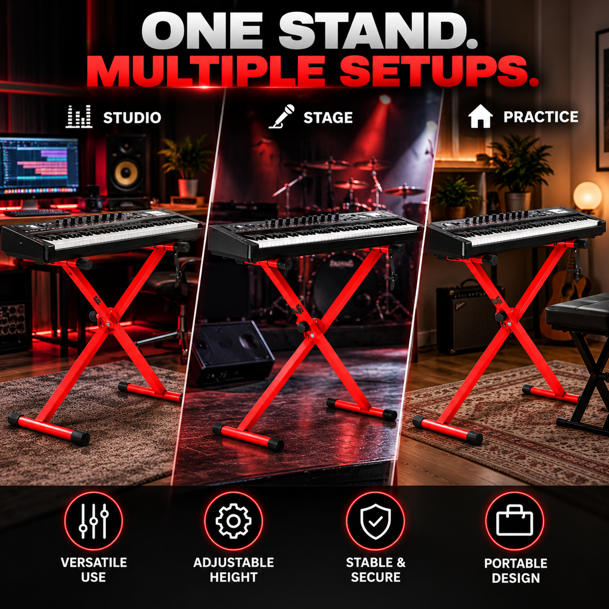 A red X-style keyboard stand shown in three interior usage scenes labeled Studio, Stage, and Practice, with large text reading 'ONE STAND. MULTIPLE SETUPS.