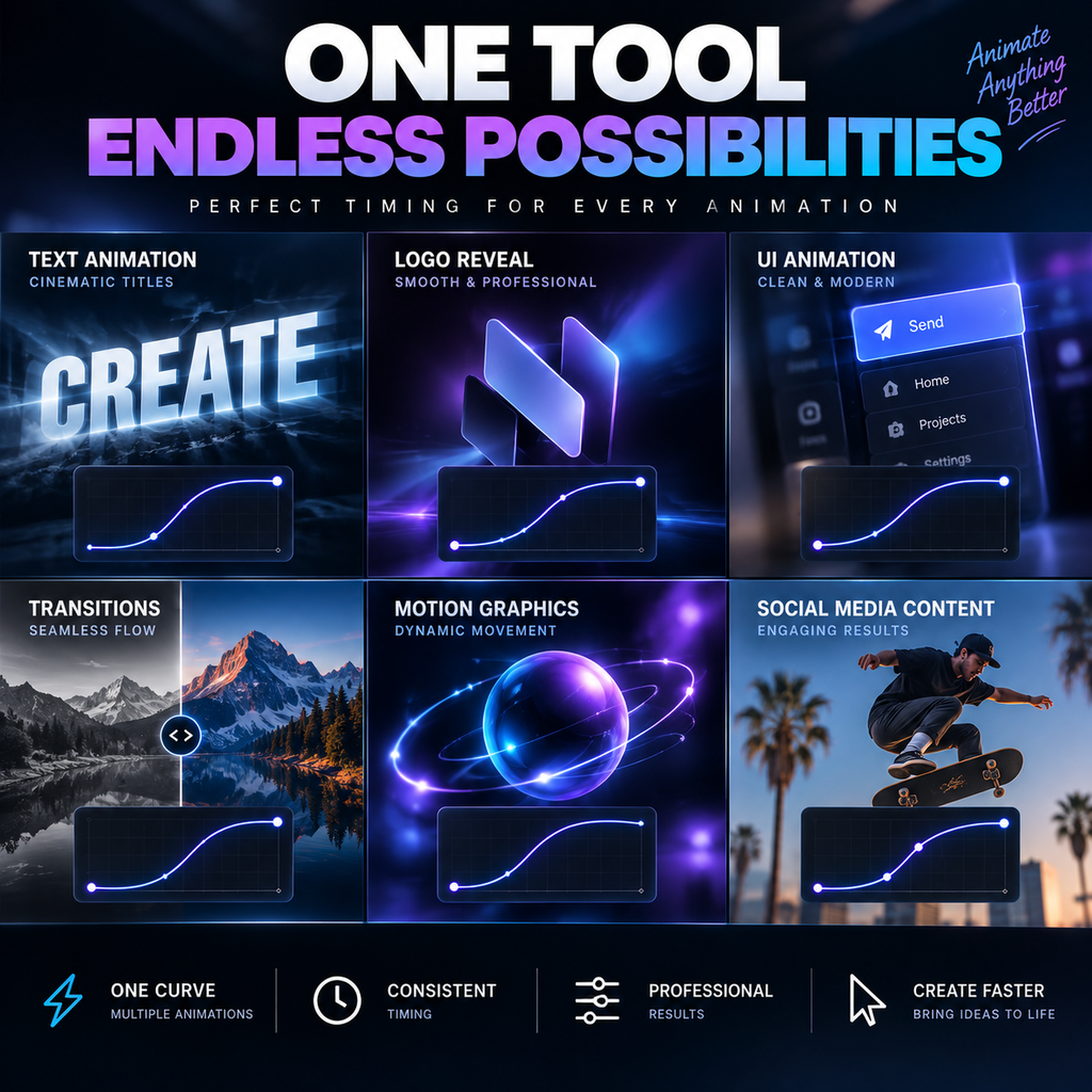 Promotional graphic for a digital animation tool showing six feature panels: text animation, logo reveal, UI animation, transitions, motion graphics, and social media content. The design uses dark blue and black tones with glowing purple and blue graphic elements and large headline text reading 'ONE TOOL ENDLESS POSSIBILITIES'.