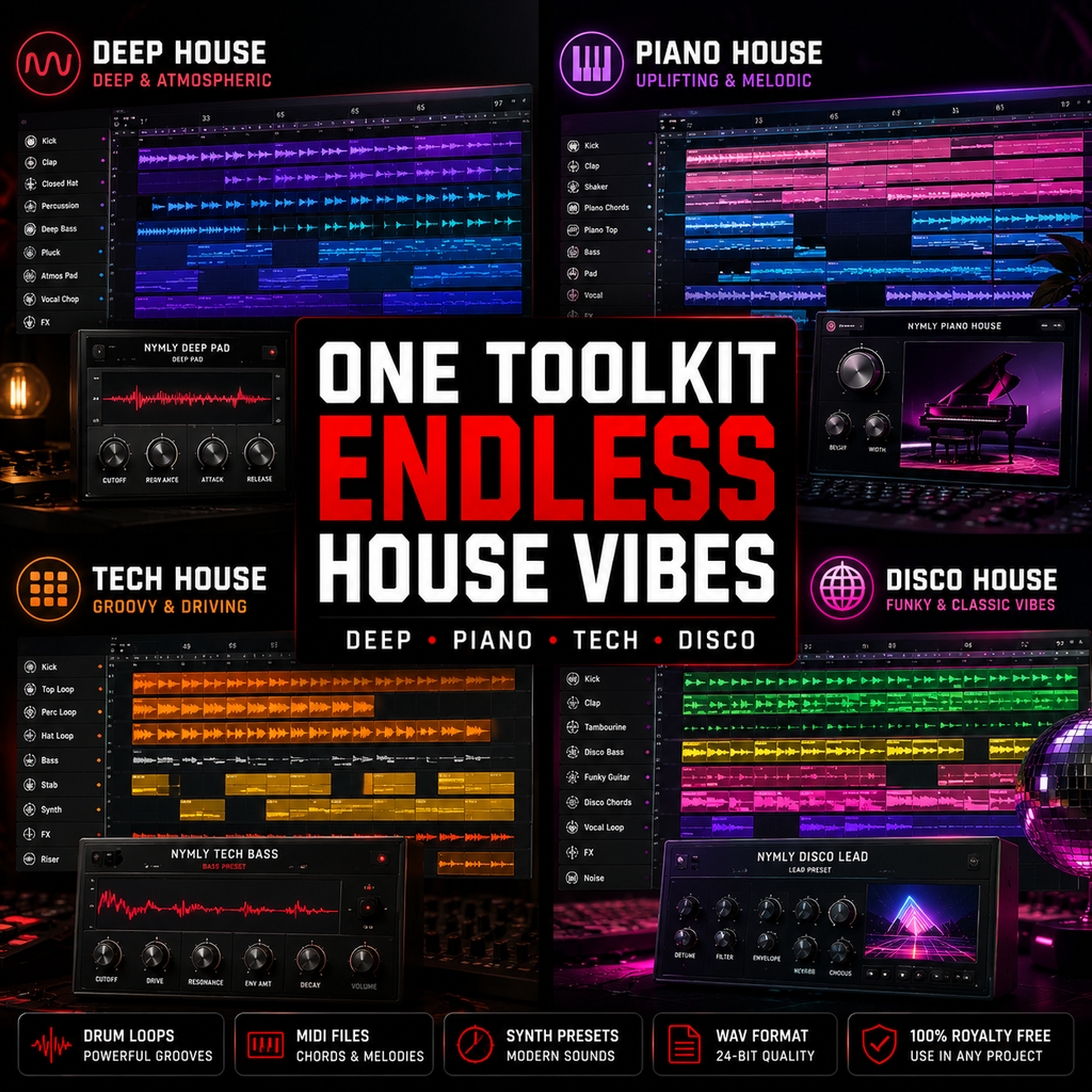 Promotional graphic for a digital audio software bundle titled 'ONE TOOLKIT ENDLESS HOUSE VIBES'. The image features six different house music presets (Deep House, Piano House, Tech House, Disco House) arranged in a grid around a bold central text banner.