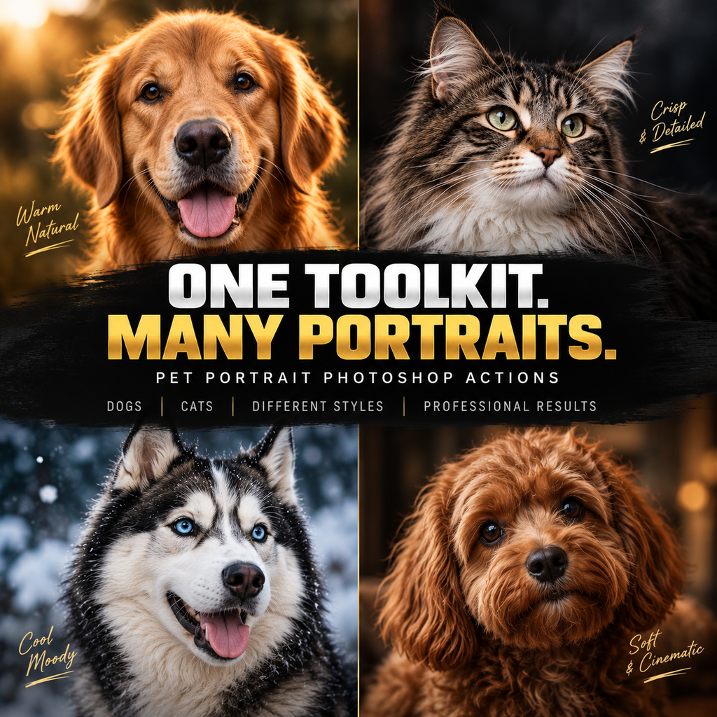 Promotional graphic for a pet portrait Photoshop action toolkit, showing four pet portraits in a 2x2 grid: a golden retriever, a tabby cat, a husky, and a curly-haired dog, with text reading 'ONE TOOLKIT. MANY PORTRAITS.