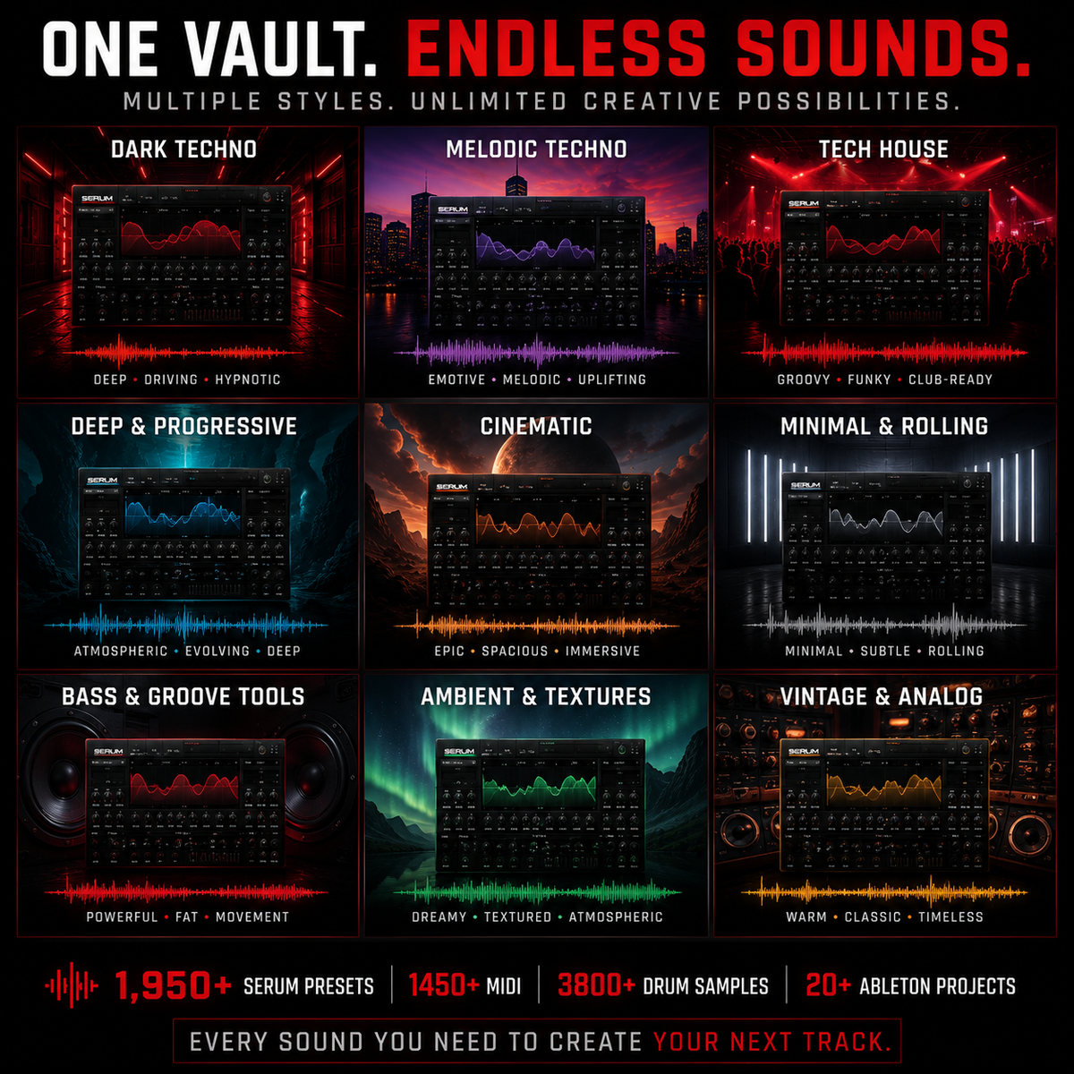 Promotional graphic for a digital audio plugin bundle titled 'ONE VAULT. ENDLESS SOUNDS.