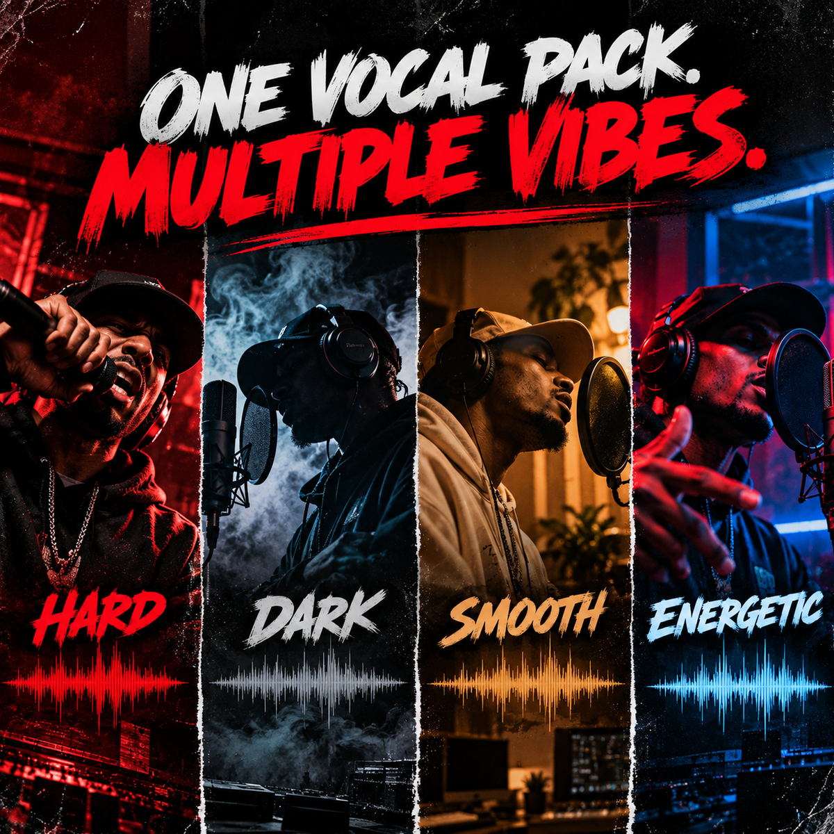 Promotional graphic for a vocal pack titled 'ONE VOCAL PACK. MULTIPLE VIBES.