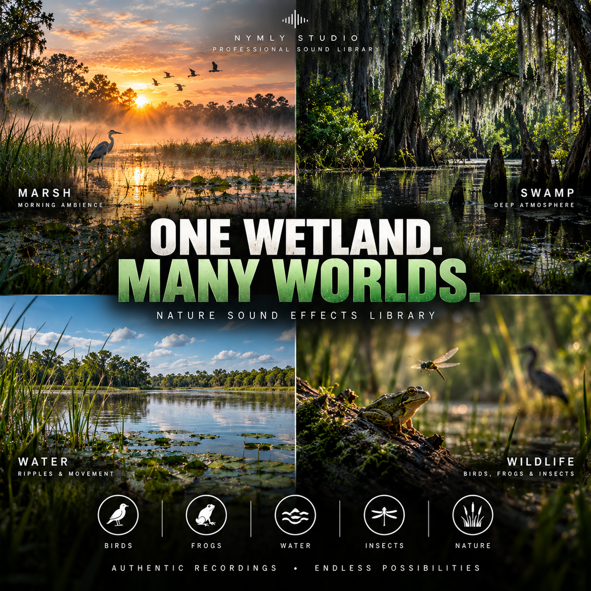 Promotional graphic for a nature sound library titled 'One Wetland. Many Worlds.