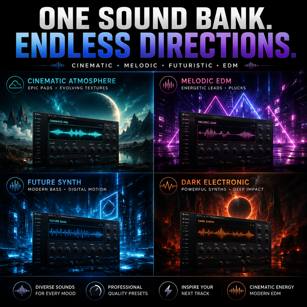 Cinematic EDM synth presets showing atmospheric, melodic, futuristic, and dark electronic sound styles.