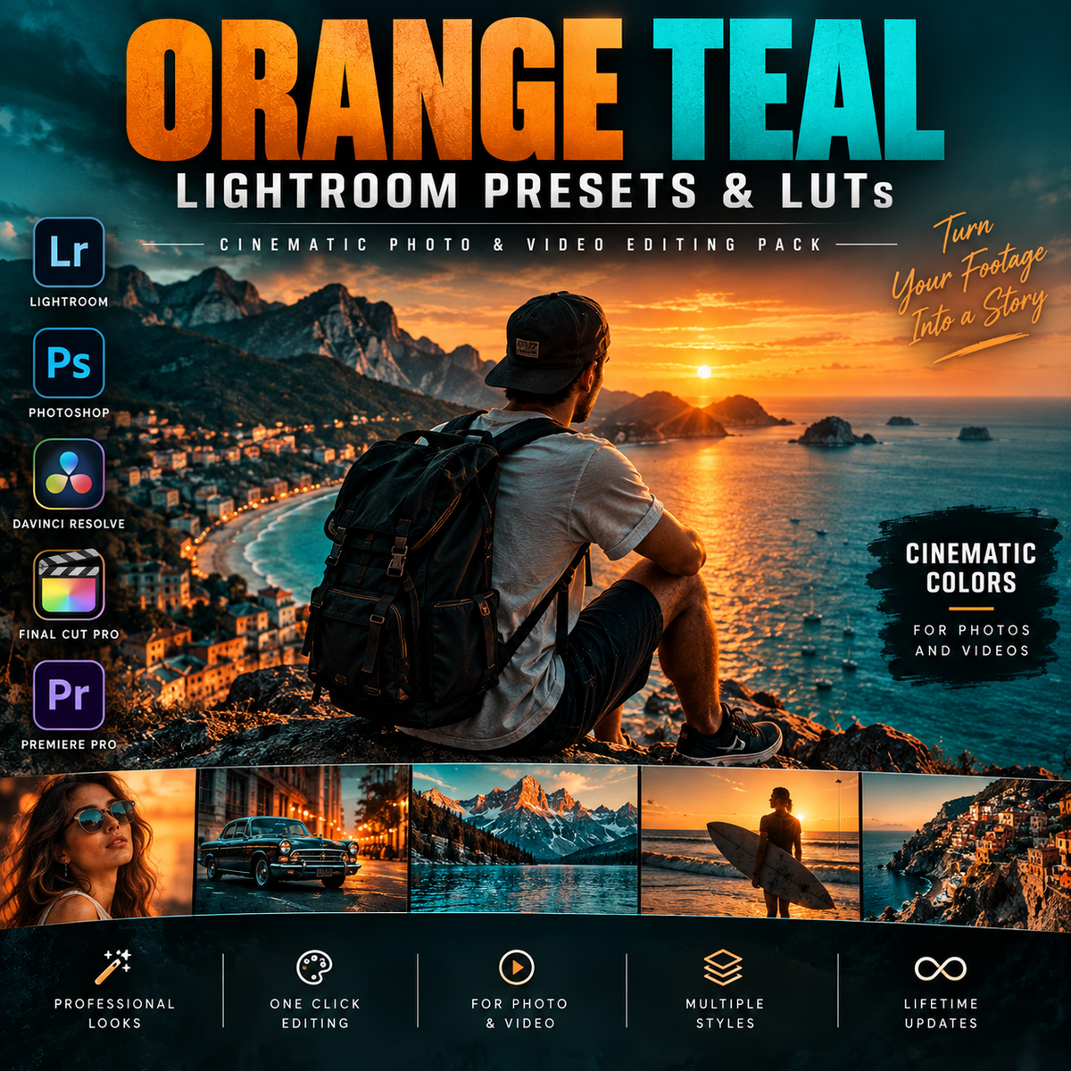Promotional graphic for an Orange Teal Lightroom preset and LUTs editing pack, featuring a scenic coastal sunset photo of a person sitting on a cliff, software compatibility icons for Lightroom, Photoshop, DaVinci Resolve, and Final Cut Pro, and a row of example cinematic images.
