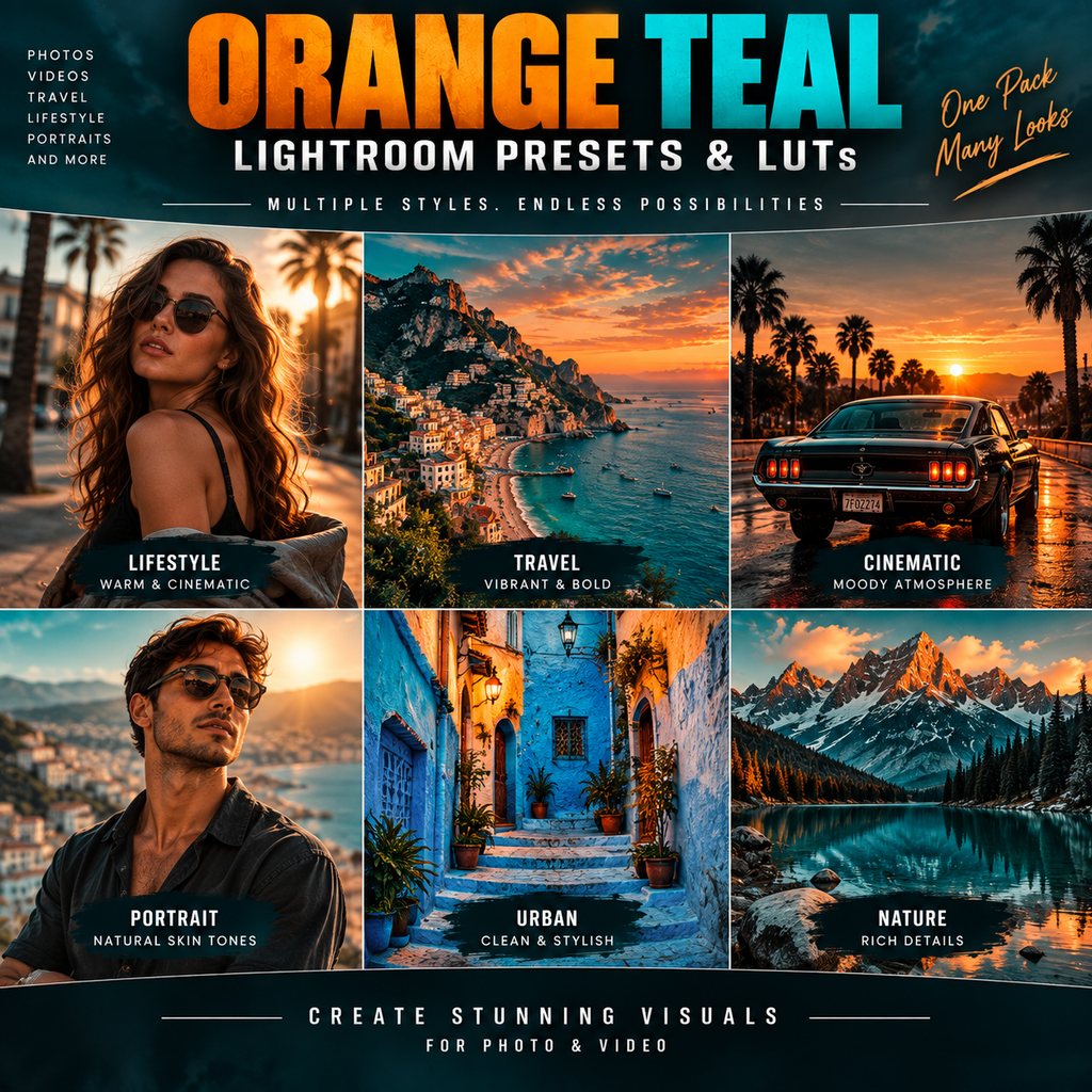 Promotional graphic for Orange Teal Lightroom presets and LUTs, showing six example edited photos: a lifestyle portrait, a coastal travel scene, a cinematic car scene, a portrait with sunglasses, an urban street scene, and a mountain landscape. Large text reads 'ORANGE TEAL' and 'Lightroom Presets & LUTs' with 'Multiple styles.