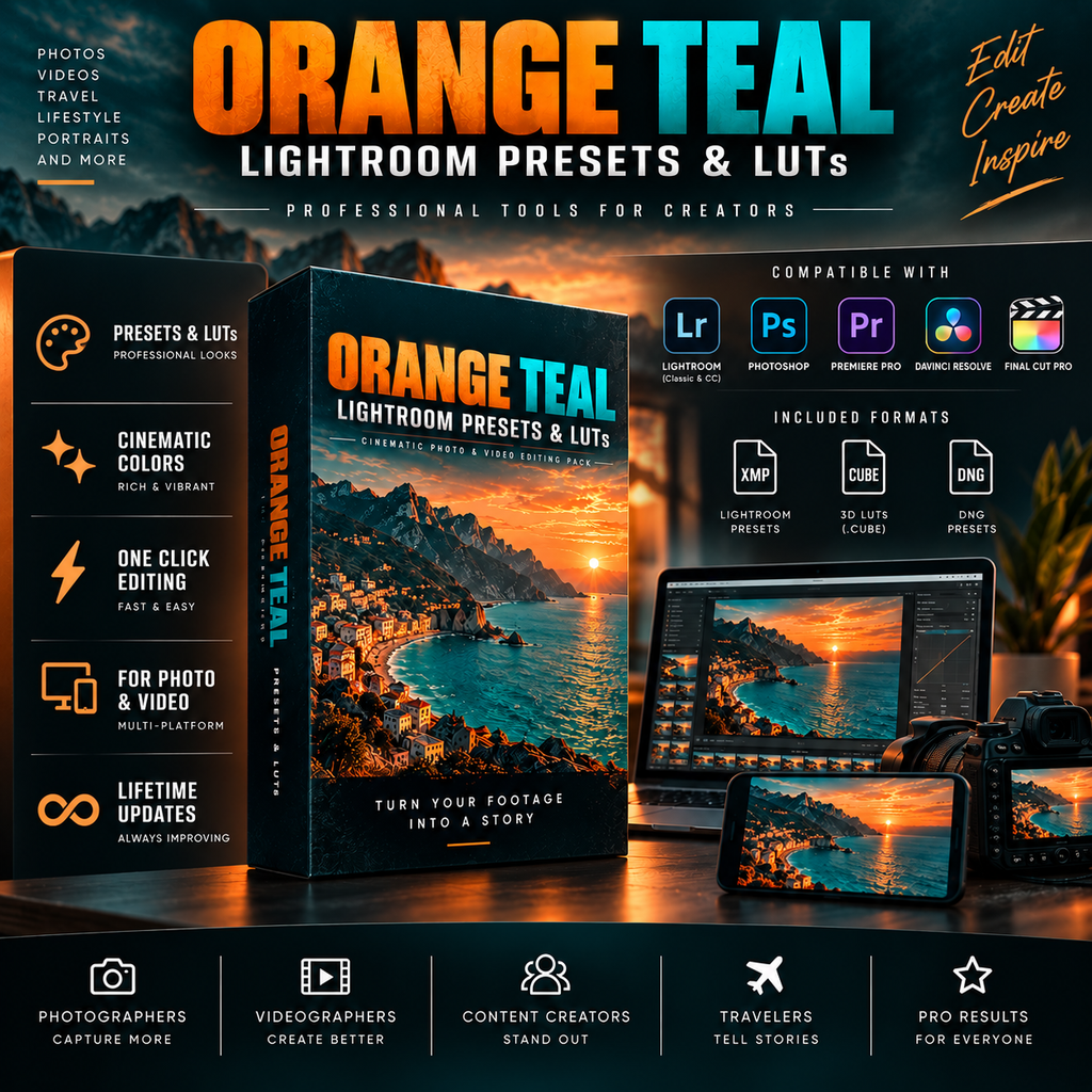 Promotional graphic for 'Orange Teal' Lightroom presets and LUTs, showing a large book-style box cover, a smartphone, a monitor, and desktop setup against a warm sunset seascape. Text highlights compatibility with Lightroom, Photoshop, Premiere Pro, and Graphic Crew, plus included formats like XMP, CUE, and SNG.