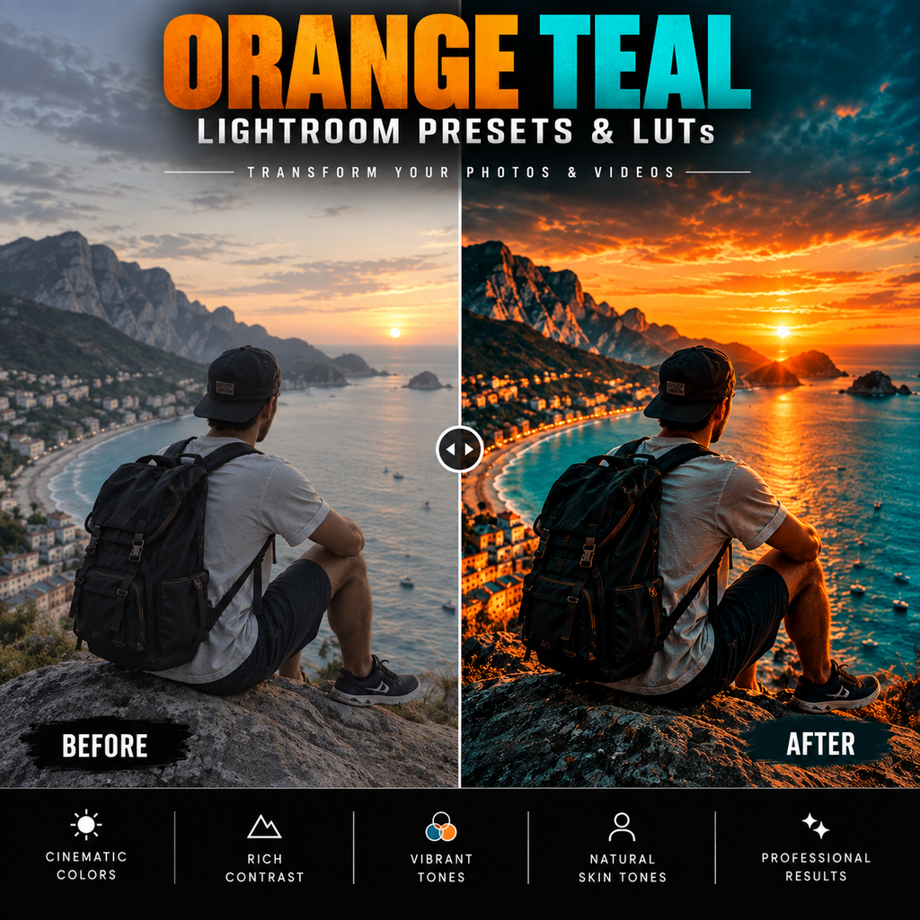 Promotional graphic for Lightroom presets and LUTs showing a split-screen before/after comparison of a coastal sunset scene with a seated person. Large text at the top reads 'ORANGE TEAL LIGHTROOM PRESETS & LUTs,' with 'BEFORE' and 'AFTER' labels at the bottom and feature callouts along the bottom edge.
