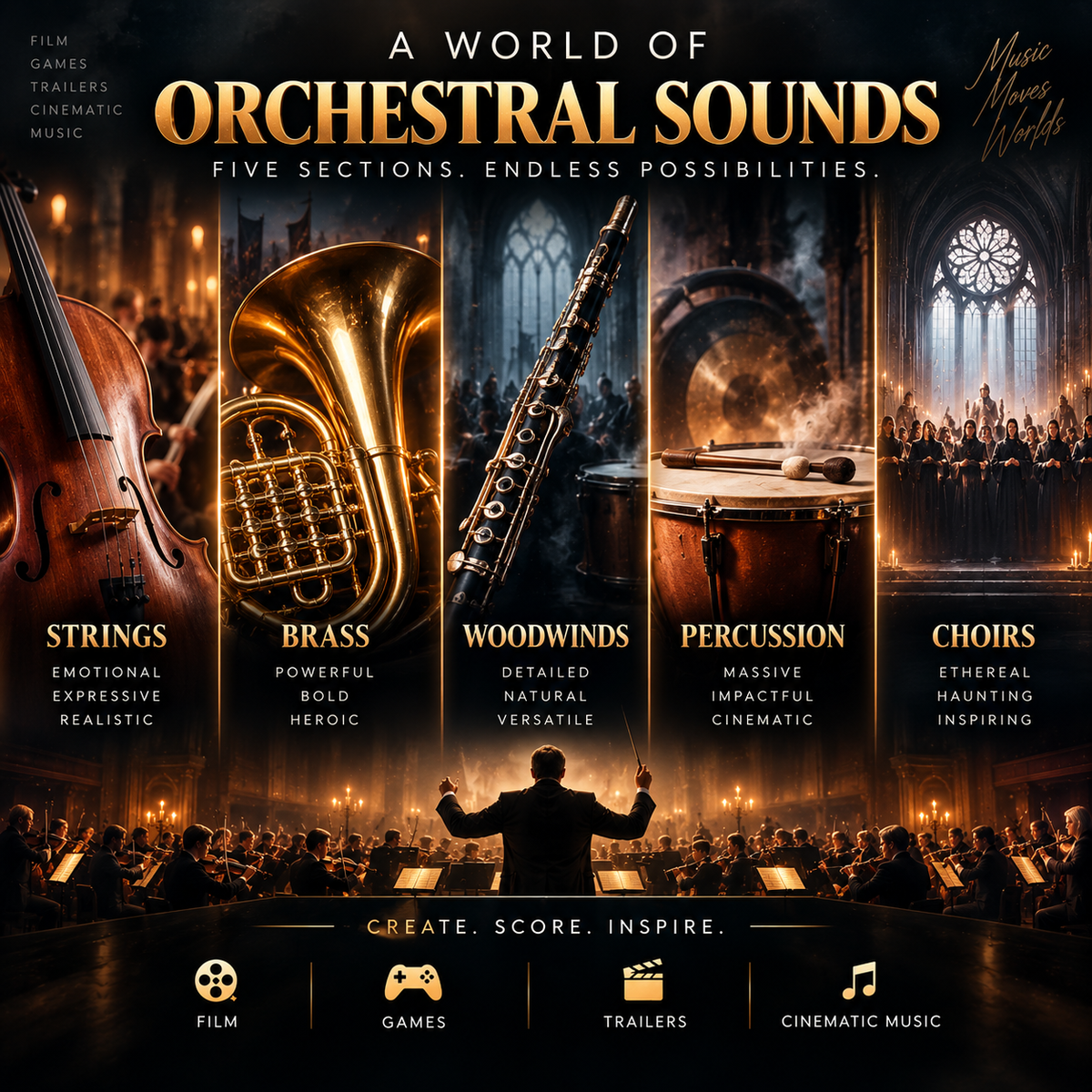 Promotional graphic for a cinematic music and orchestral sounds bundle titled 'A World of Orchestral Sounds'. The image features five vertical panels showcasing different instrument families: strings, brass, woodwinds, percussion, and choirs, each with an orchestra scene and descriptive text.