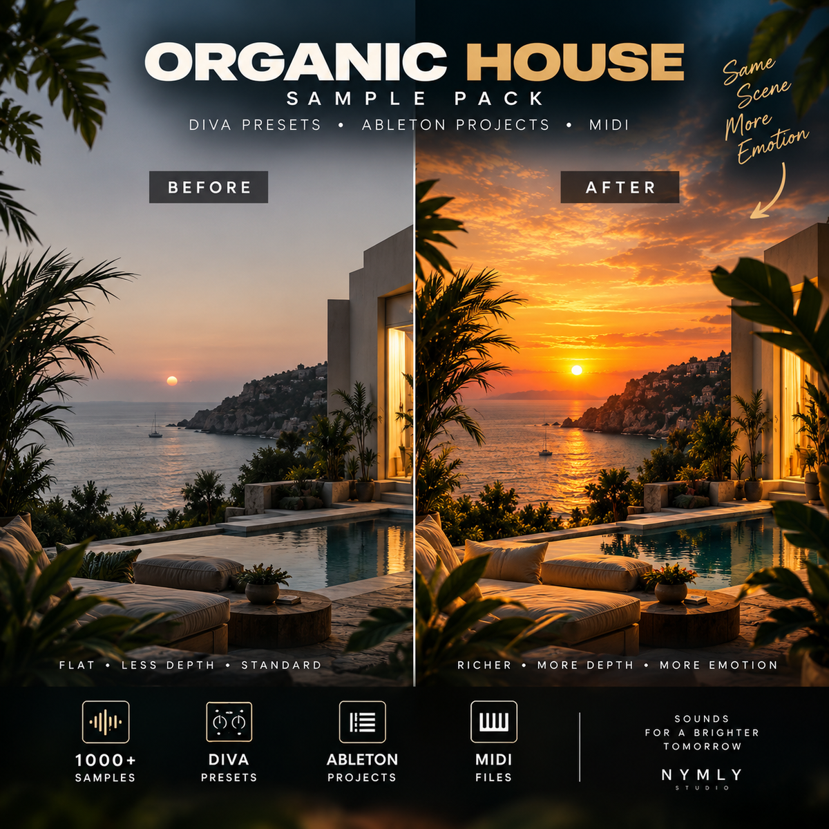 Promotional graphic for an 'Organic House Sample Pack' showing a before-and-after comparison of a sunset scene over a modern villa pool area. The left side is labeled 'Before' with a flat, standard look, and the right side is labeled 'After' with richer, warmer tones and more emotion.