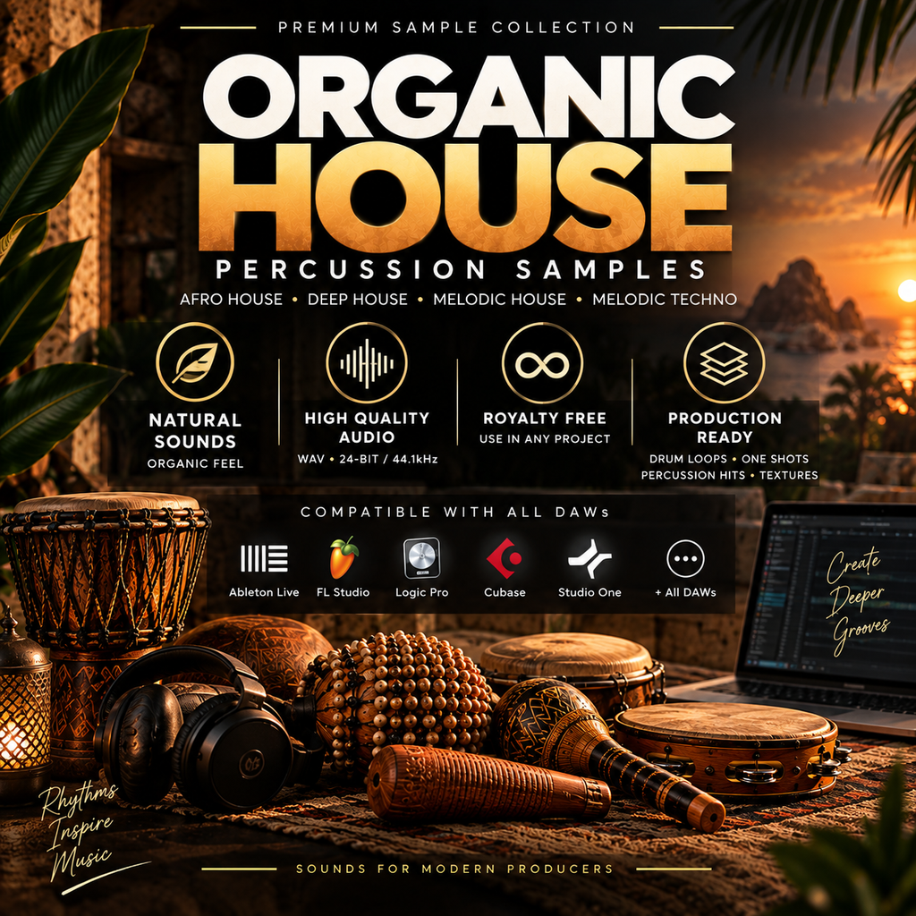 Promotional graphic for an organic house percussion samples pack, featuring bold text over a styled scene with drums, percussion instruments, headphones, and a laptop on a beach at sunset. The text highlights natural sounds, high quality audio, royalty free use, and compatibility with DAW, FL Studio, Logic Pro, Cubase, and Studio One.