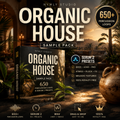 Promotional graphic for the 'Organic House Sample Pack' by Nymly Studio, showing a black sample pack box with a gold logo, set against a warm, atmospheric sunset scene with ancient ruins, potted plants, and a clay pot. The graphic includes feature badges, icons, and text detailing over 650 percussion loops, Serum 2 presets, and other audio design features.
