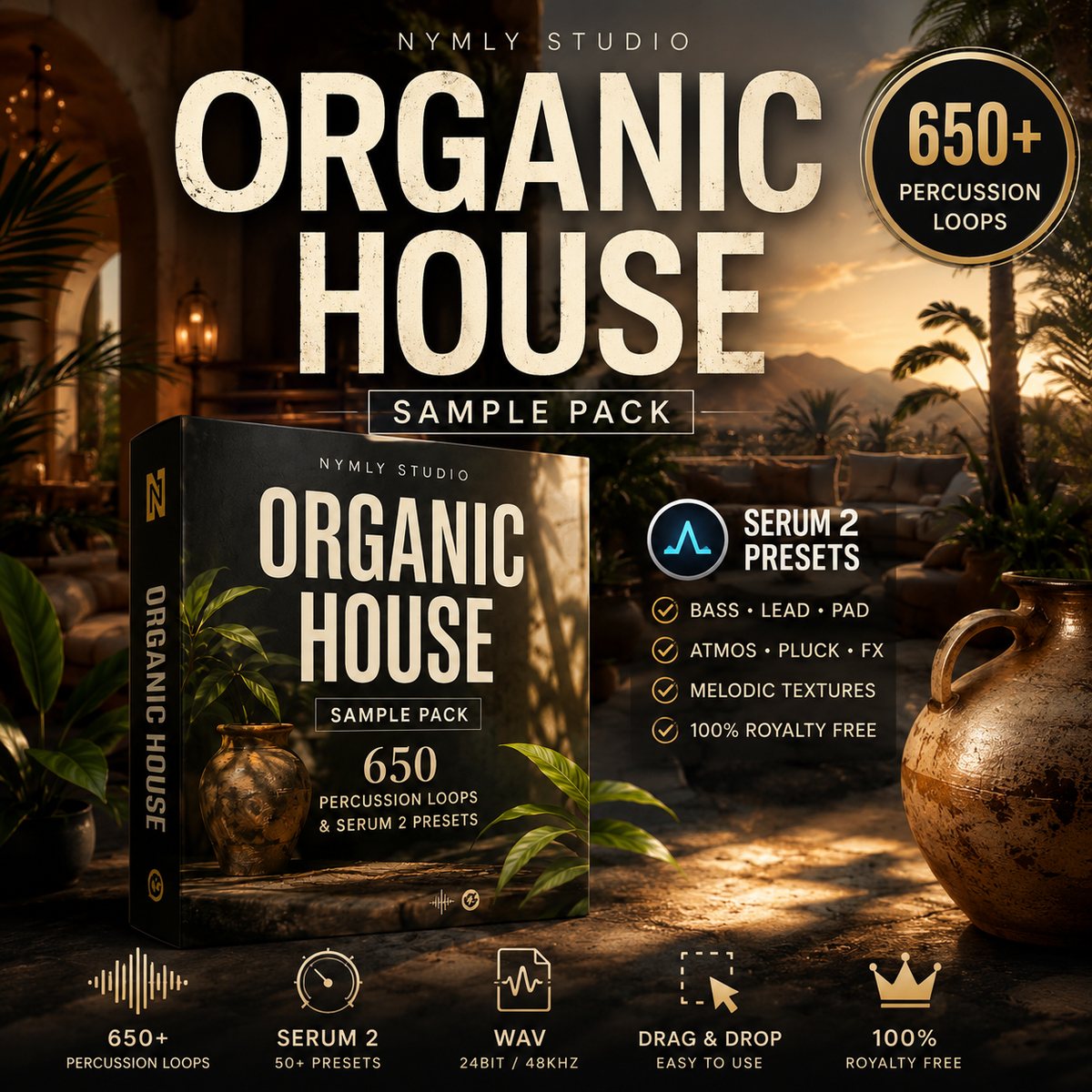 Promotional graphic for the 'Organic House Sample Pack' by Nymly Studio, showing a black sample pack box with a gold logo, set against a warm, atmospheric sunset scene with ancient ruins, potted plants, and a clay pot. The graphic includes feature badges, icons, and text detailing over 650 percussion loops, Serum 2 presets, and other audio design features.