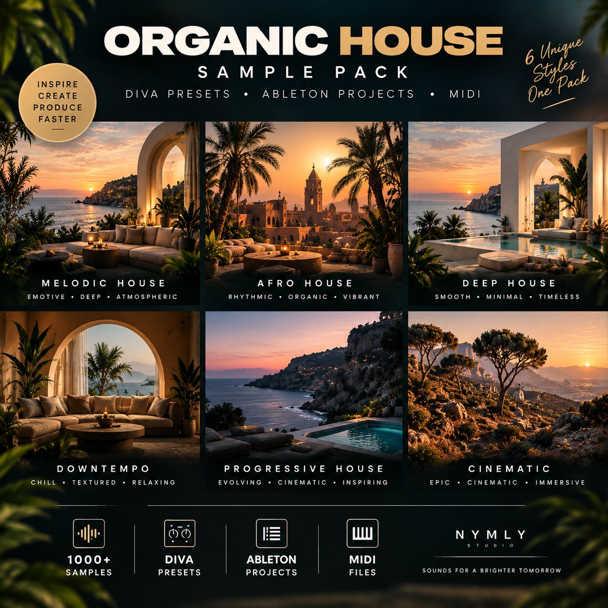 Promotional graphic for the 'Organic House Sample Pack' by Nymly Studios, showcasing six different house music presets and projects with warm sunset resort imagery. The layout features six panels with labels for 'Melodic House', 'Apro House', 'Deep House', 'Downtempo', 'Progressive House', and 'Cinematic', along with icons indicating '1000+ Samples', 'Diva Presets', 'Ableton Projects', and 'Midi Files'.