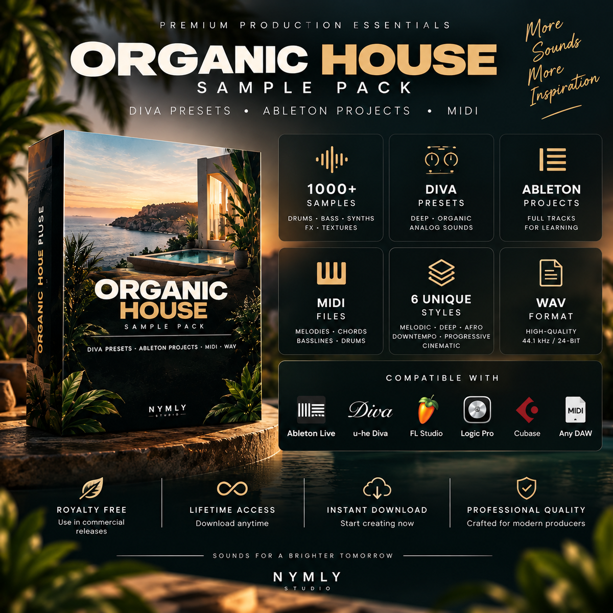 Organic House sample pack features 1000+ samples, Diva presets, Ableton projects, MIDI files, WAV format, and DAW compatibility.
