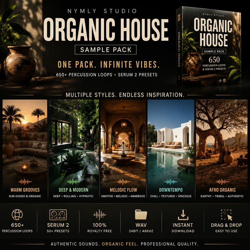 Promotional graphic for the 'Organic House Sample Pack' by Nymly Studio, showcasing a dark-themed cover and six sample percussion loops with different atmospheric soundscapes.