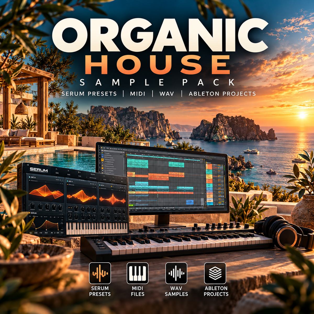 Promotional graphic for the Organic House Sample Pack, featuring a digital audio workstation setup (MIDI keyboard, computer monitor, headphones) set against a luxurious tropical beach resort background at sunset. The text 'ORGANIC HOUSE SAMPLE PACK' is prominently displayed at the top, with feature icons for Serum Presets, MIDI Files, WAV Samples, and Ableton Projects at the bottom.