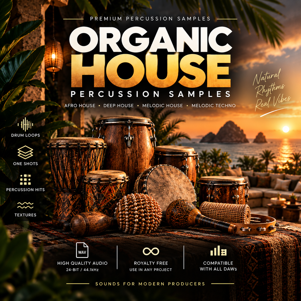 Promotional cover art for a music sample pack titled 'Organic House Percussion Samples,' showing a group of wooden percussion instruments on a table outdoors at sunset. Large text lists included sounds: drum loops, one shots, percussion hits, and textures.
