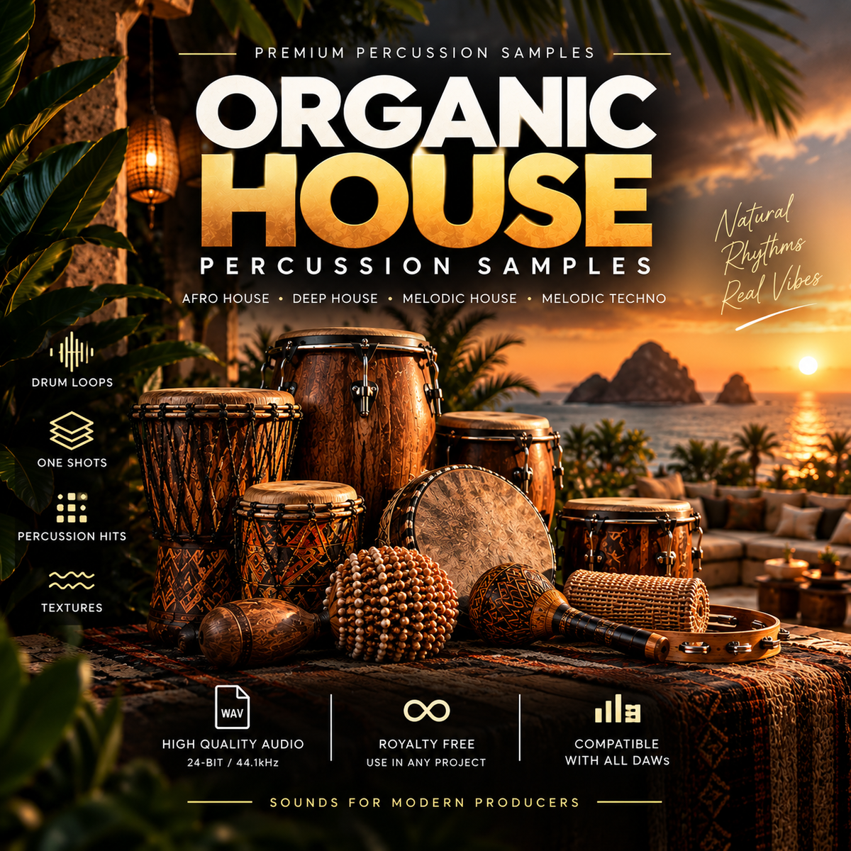 Promotional cover art for a music sample pack titled 'Organic House Percussion Samples,' showing a group of wooden percussion instruments on a table outdoors at sunset. Large text lists included sounds: drum loops, one shots, percussion hits, and textures.