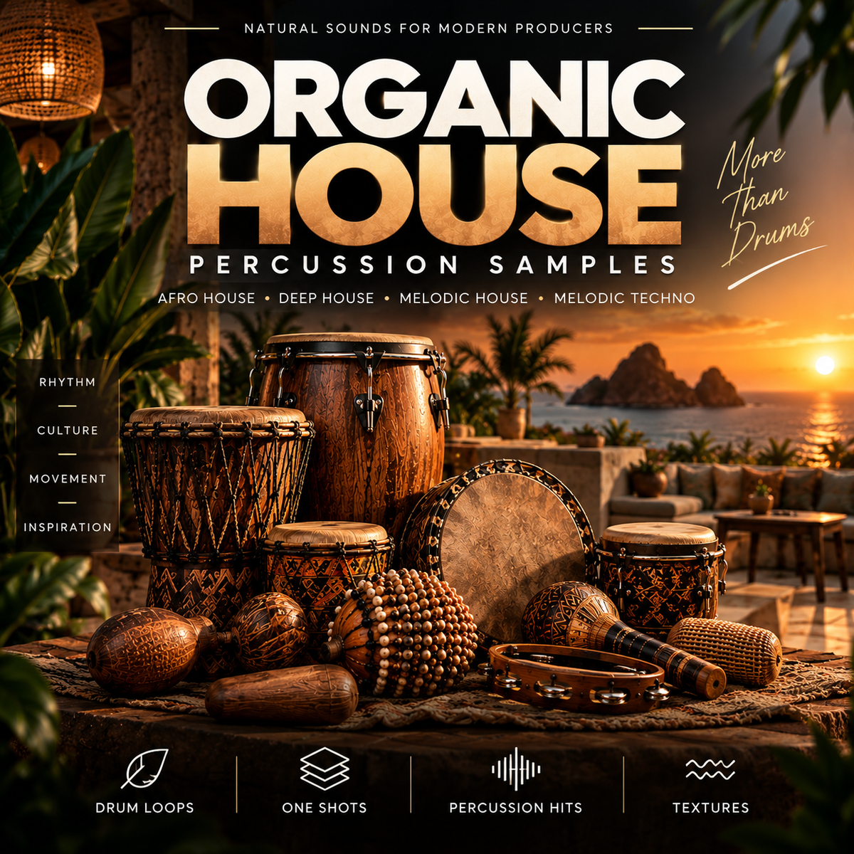 Promotional cover art for a music sample pack titled 'ORGANIC HOUSE Percussion Samples'. The image features a collection of wooden and skin drums, maracas, and percussion instruments arranged on a table in a tropical patio setting at sunset.
