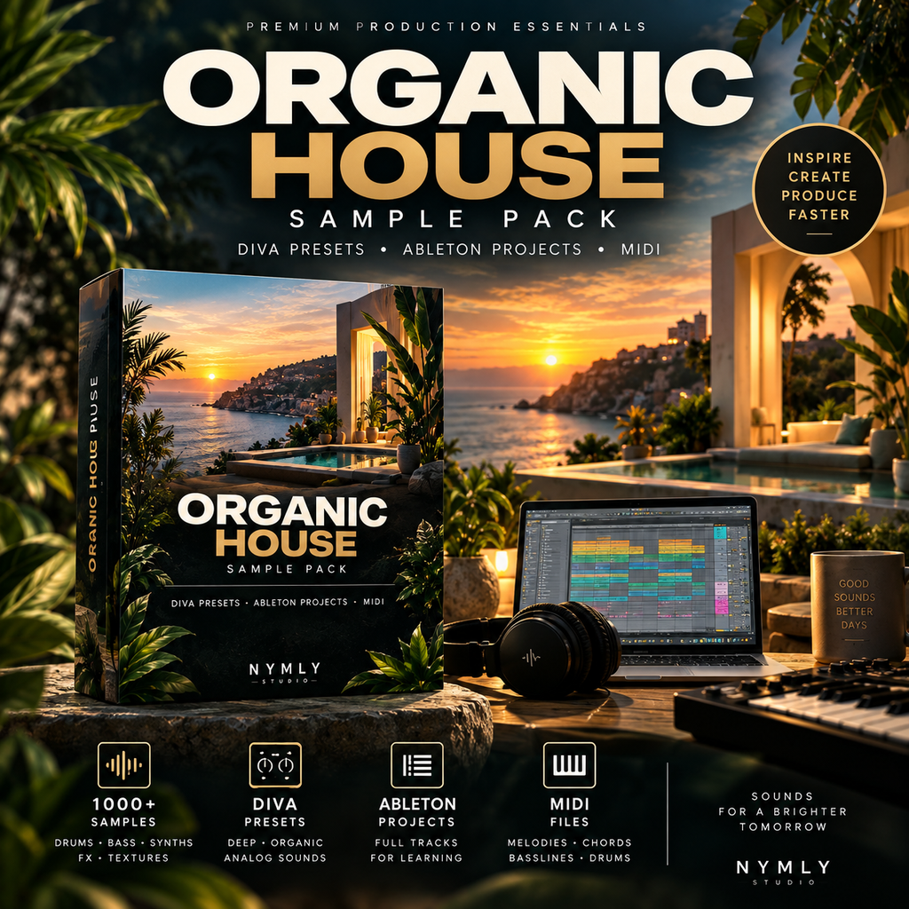 Promotional graphic for the Organic House Sample Pack by NYMLY, showing a boxed sample pack cover, a laptop with audio software, headphones, and tropical outdoor scenery with palm leaves and a sunset view. Text highlights preset packs, Ableton projects, MIDI files, and sound assets.