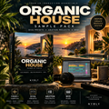 Promotional graphic for the Organic House Sample Pack by NYMLY, showing a boxed sample pack cover, a laptop with audio software, headphones, and tropical outdoor scenery with palm leaves and a sunset view. Text highlights preset packs, Ableton projects, MIDI files, and sound assets.