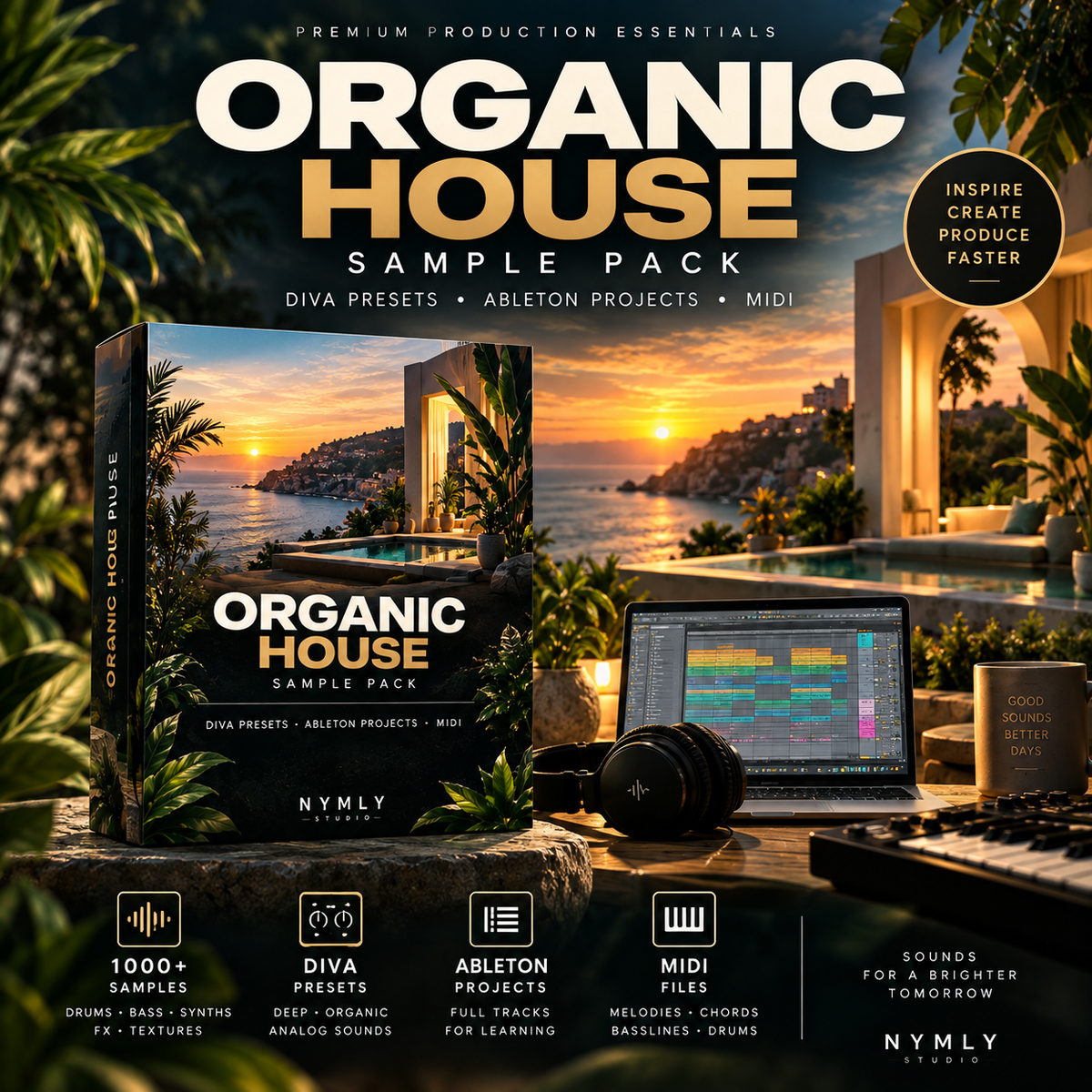 Promotional graphic for the Organic House Sample Pack by NYMLY, showing a boxed sample pack cover, a laptop with audio software, headphones, and tropical outdoor scenery with palm leaves and a sunset view. Text highlights preset packs, Ableton projects, MIDI files, and sound assets.