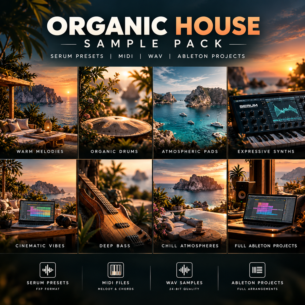Promotional graphic for an 'Organic House Sample Pack' showing a grid of eight scenic tropical and beach lifestyle photos with labels such as warm melodies, organic drums, atmospheric pads, expressive synths, cinematic vibes, deep bass, chill atmospheres, and full Ableton projects. Text at the top reads 'ORGANIC HOUSE SAMPLE PACK' and text at the bottom lists serum presets, midi files, wav samples, and Ableton projects.