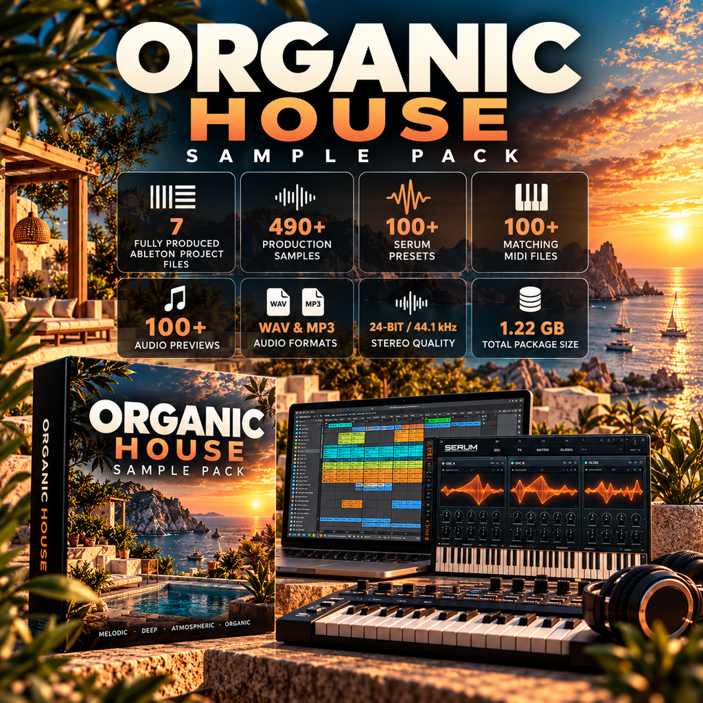 Organic House Sample Pack promotional graphic showing a music production setup with a laptop, audio software interface, keyboard, and headphones in front of a tropical seaside resort scene. Large text reads 'ORGANIC HOUSE SAMPLE PACK' with feature callouts about Ableton project files, audio samples, preset files, audio previews, WAV & MP3 formats, 24-bit/48kHz stereo quality, and 1.
