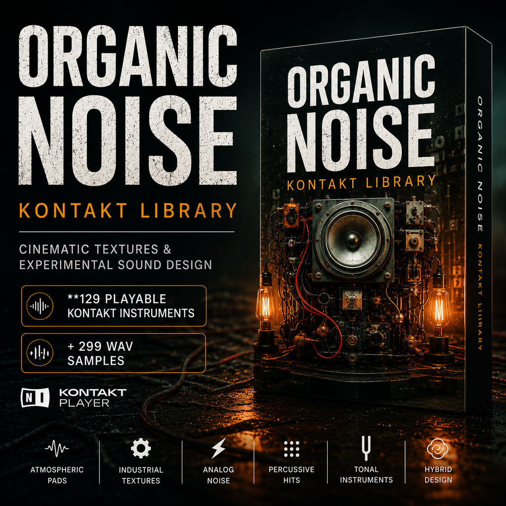 Promotional graphic for the Organic Noise Kontakt Library, showing a stylized software box on a dark textured surface with glowing amber lights and text highlighting 129 playable Kontakt instruments and 299 wav samples. Kontakt Player branding is visible.