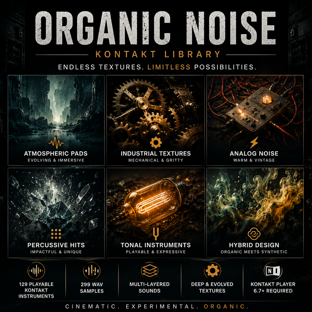 Promotional graphic for the 'Organic Noise Kontakt Library' featuring six panels showcasing different sound design assets: Atmospheric Pads, Industrial Textures, Analog Noise, Percussive Hits, Tonal Instruments, and Hybrid Design. The design uses a dark, gritty aesthetic with warm amber highlights and distressed typography.