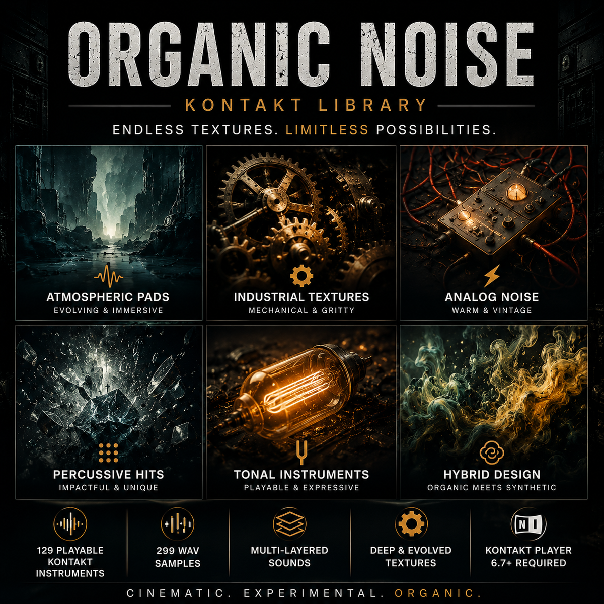 Promotional graphic for the 'Organic Noise Kontakt Library' featuring six panels showcasing different sound design assets: Atmospheric Pads, Industrial Textures, Analog Noise, Percussive Hits, Tonal Instruments, and Hybrid Design. The design uses a dark, gritty aesthetic with warm amber highlights and distressed typography.
