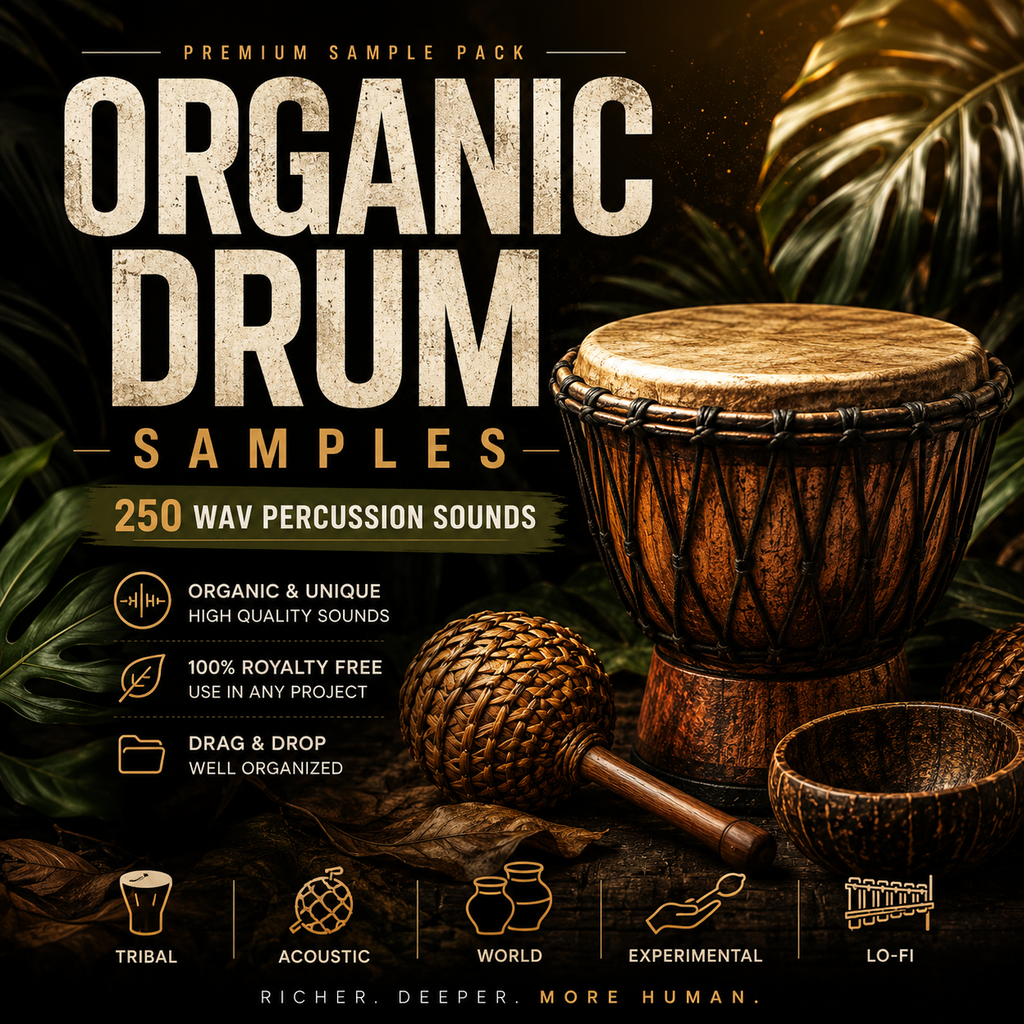 Promotional cover for a premium sample pack titled 'Organic Drum Samples' showing a wooden drum, maracas, and a small bowl among tropical leaves on a dark background, with text advertising 250 WAV percussion sounds and feature icons.