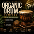 Promotional cover for a premium sample pack titled 'Organic Drum Samples' showing a wooden drum, maracas, and a small bowl among tropical leaves on a dark background, with text advertising 250 WAV percussion sounds and feature icons.