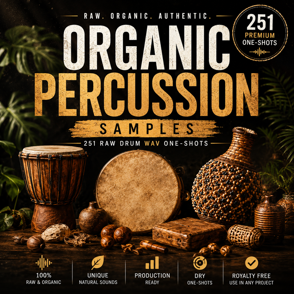 Promotional graphic for a percussion sample pack titled 'Organic Percussion Samples' with large distressed text over a dark tropical background. The image includes a djembe, hand drum, gourd bottle, wooden blocks, nuts, and other percussion instruments arranged on a table.