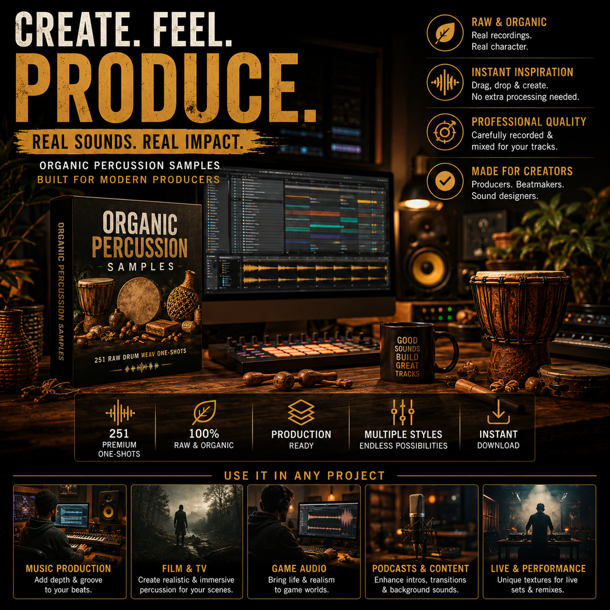 Promotional graphic for a digital product, 'Organic Percussion Samples', showing a laptop displaying a digital audio workstation with a drum sample library interface, surrounded by coffee cups, a microphone, and other music production props on a dark wooden table. The background is a dark, moody studio setup with text overlays detailing the features of the sample pack.