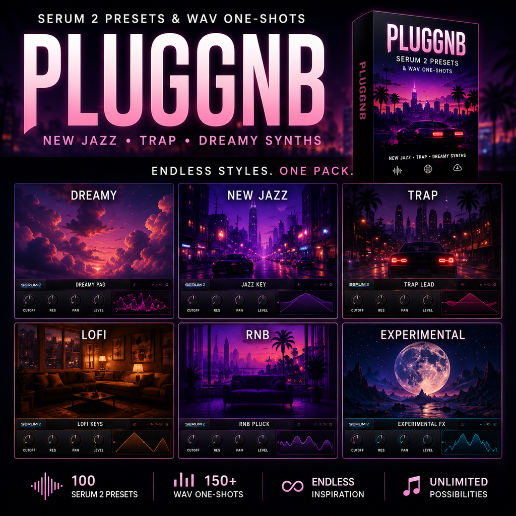 Promotional graphic for Pluggnbn Serum 2 Presets & Wave One Shots, featuring a large title, a product box mockup, and six sample style panels labeled Dreamy, New Jazz, Trap, Lofi, RNB, and Experimental, with feature callouts at the bottom.