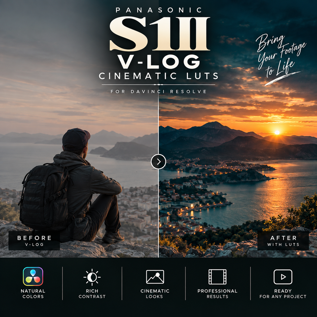Promotional graphic for Panasonic S1III V-Log Cinematic Luts for DaVinci Resolve, showing a split-screen before/after comparison of a coastal sunset landscape with a seated person on the left and a vibrant color-graded version on the right. Text and feature icons are overlaid on a dark background.