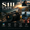 Promotional graphic for Panasonic Lumix S1III V-Log Cinematic Luts for Davinci Resolve, featuring a black camera on a rocky mountain landscape with sunset lighting, plus four example result panels labeled Cinematic, Landscape, Natural, and Moody, with feature icons along the bottom.