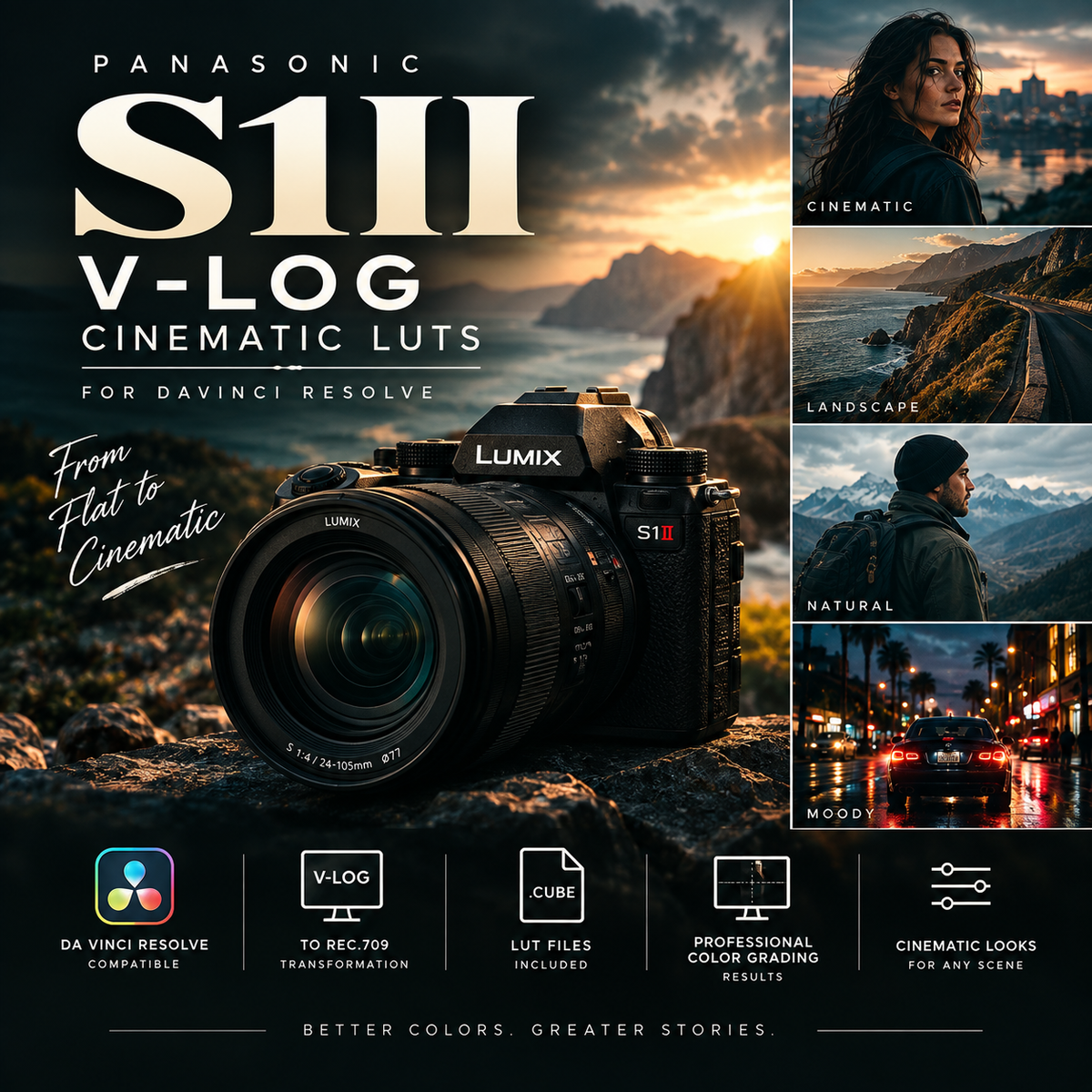Promotional graphic for Panasonic Lumix S1III V-Log Cinematic Luts for Davinci Resolve, featuring a black camera on a rocky mountain landscape with sunset lighting, plus four example result panels labeled Cinematic, Landscape, Natural, and Moody, with feature icons along the bottom.