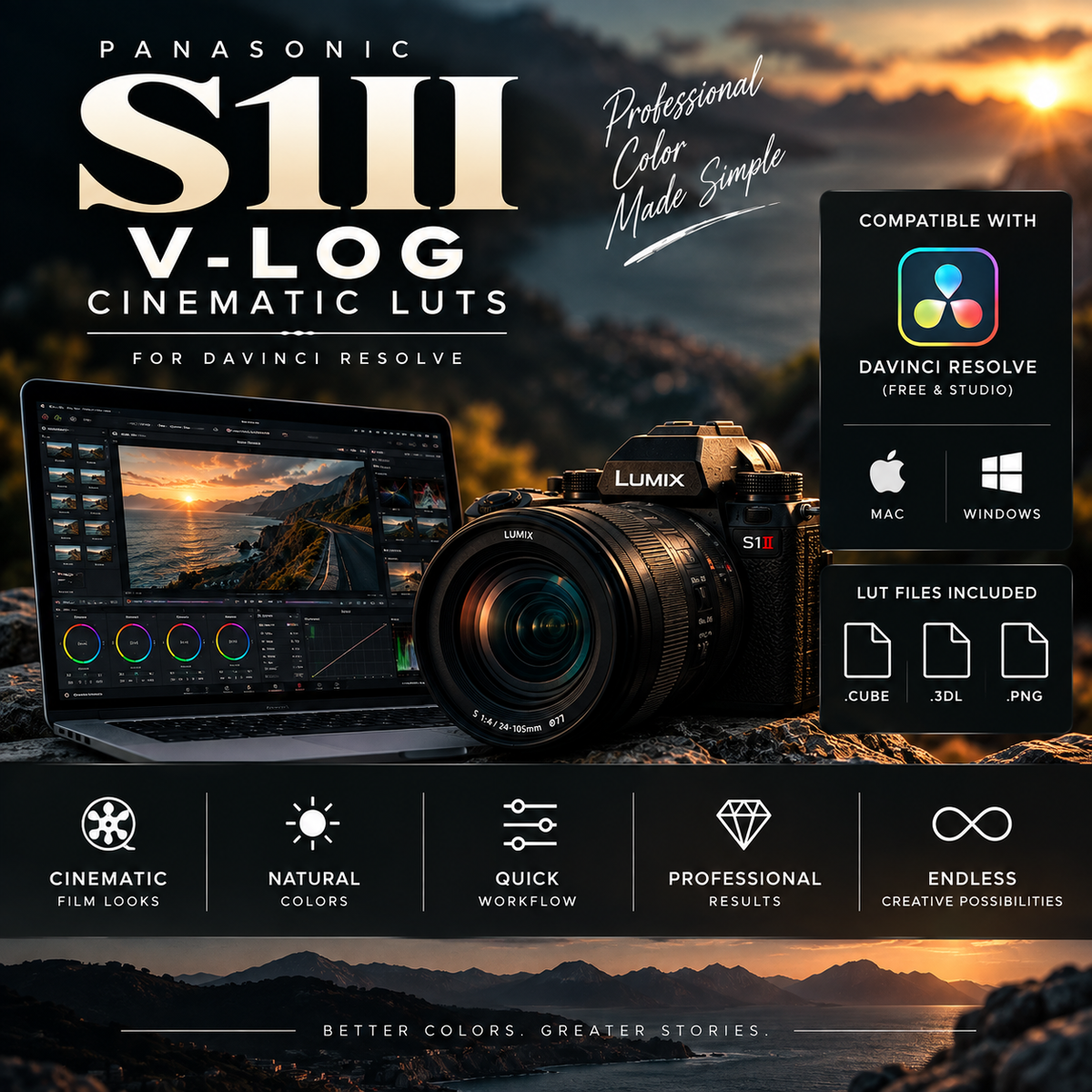 Promotional graphic for Panasonic Lumix S1III cameras and DaVinci Resolve LUTs, showing a camera, a laptop with editing software, compatibility logos for Mac and Windows, and feature icons on a dark scenic background.