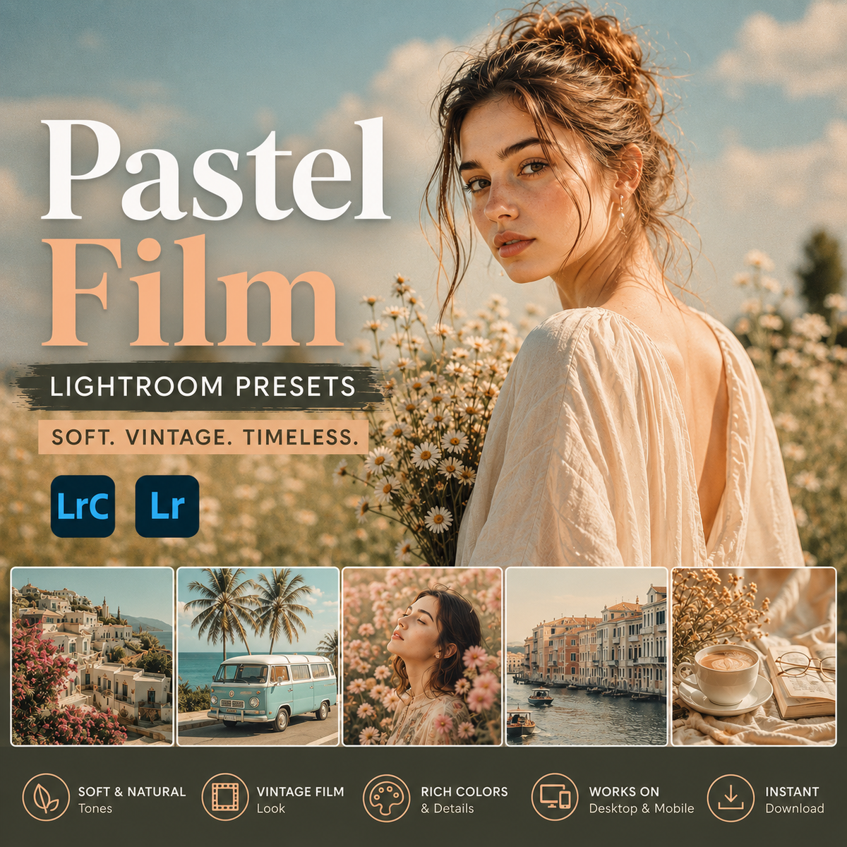 Promotional graphic for pastel film Lightroom presets, showing a woman in a vintage white dress standing in a sunlit flower field. Large text reads 'Pastel Film' with 'Lightroom Presets' and 'Soft, Vintage, Timeless.