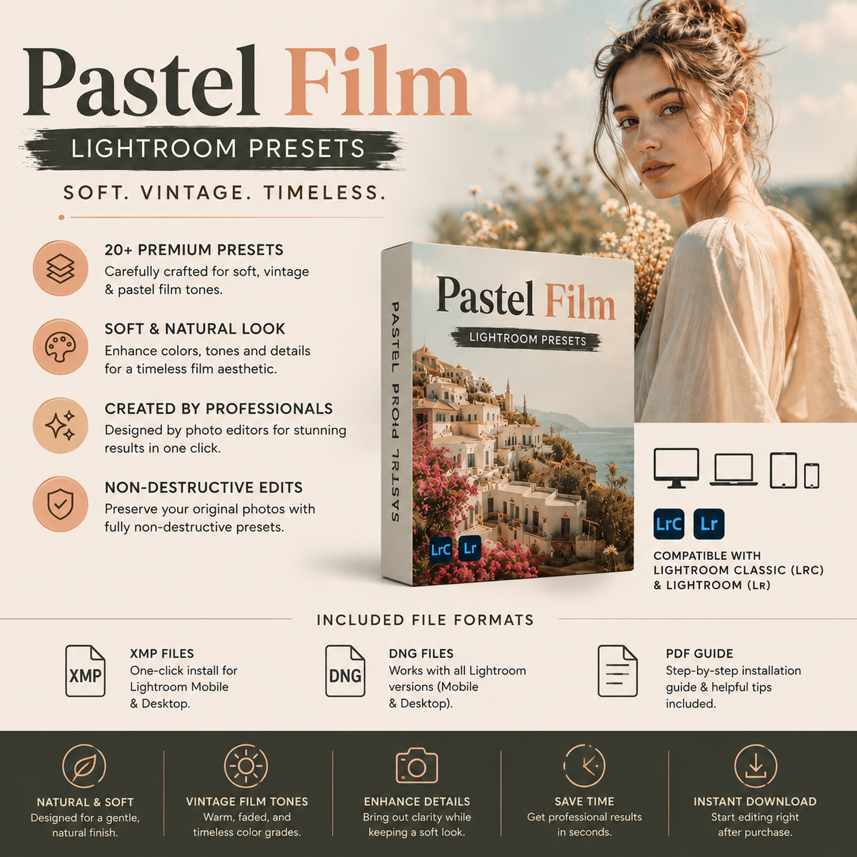Promotional graphic for 'Pastel Film Lightroom Presets' showing a woman with warm-toned edited skin and hair, a boxed product mockup labeled 'Pastel Film Lightroom Presets,' feature callouts, compatibility icons, and natural scenery. The text emphasizes soft, vintage, and timeless color grading.