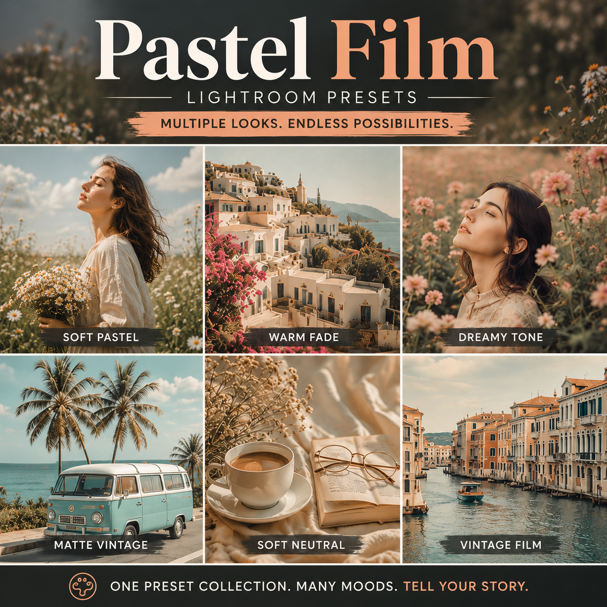 Promotional graphic for 'Pastel Film' Lightroom presets, showing six mood-based preview panels: Soft Pastel, Warm Fade, Dreamy Tone, Matte Vintage, Soft Neutral, and Vintage Film. The design uses a warm vintage aesthetic with soft colors and text at the top and bottom.