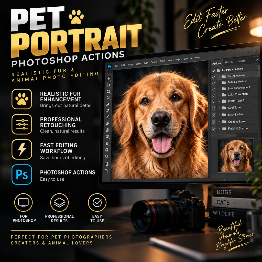 Promotional graphic for Photoshop actions designed for pet portrait editing, featuring a golden retriever dog portrait displayed on a computer screen mockup. The design includes text highlighting features like realistic fur enhancement, professional retouching, fast editing workflow, and compatibility with Photoshop, alongside a Canon camera and a dog portrait photo.
