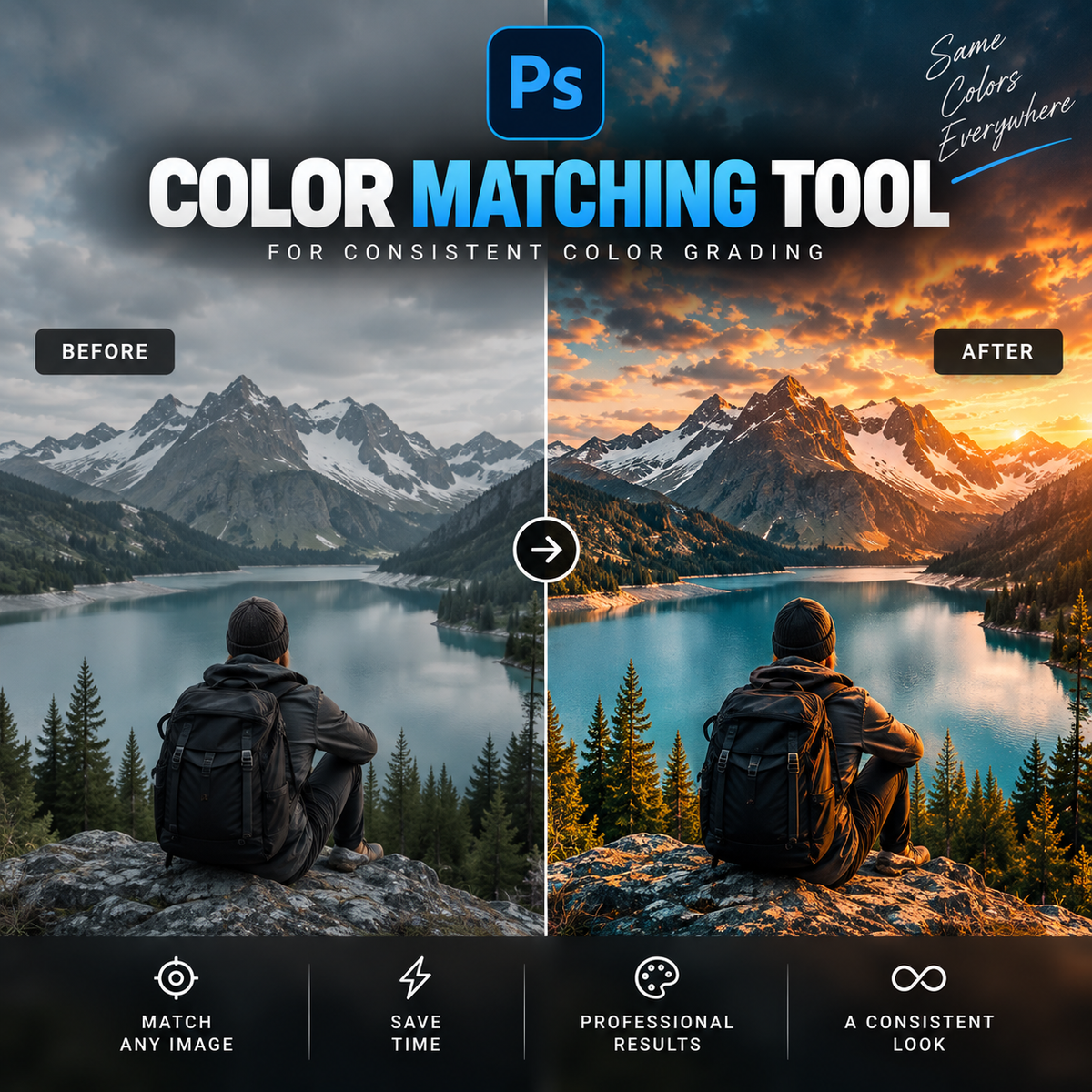 Promotional graphic for a color matching tool for Photoshop, showing a split-screen before/after landscape photo grading example with mountains, a lake, and a seated person. Large text reads 'COLOR MATCHING TOOL' with Photoshop 'Ps' logo and 'Same Colors Everywhere' script.