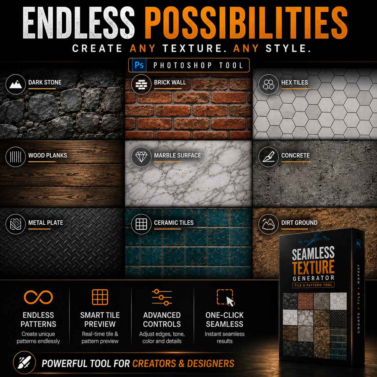 Photoshop seamless texture generator showcasing stone, brick, wood, marble, metal, ceramic, and tile pattern styles.